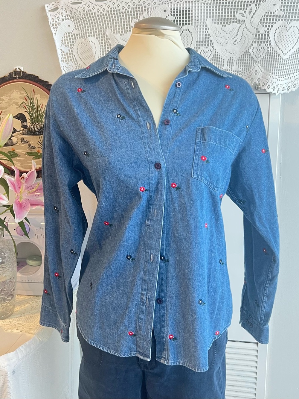 Vintage 90s Blue denim button up shirt with red and blue flower embroidered
